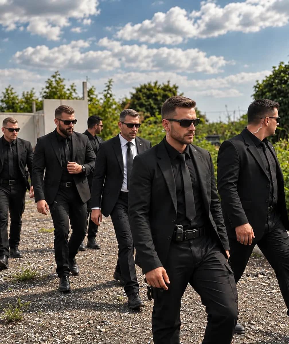 A suited close protection detail moving as a team on an approach route