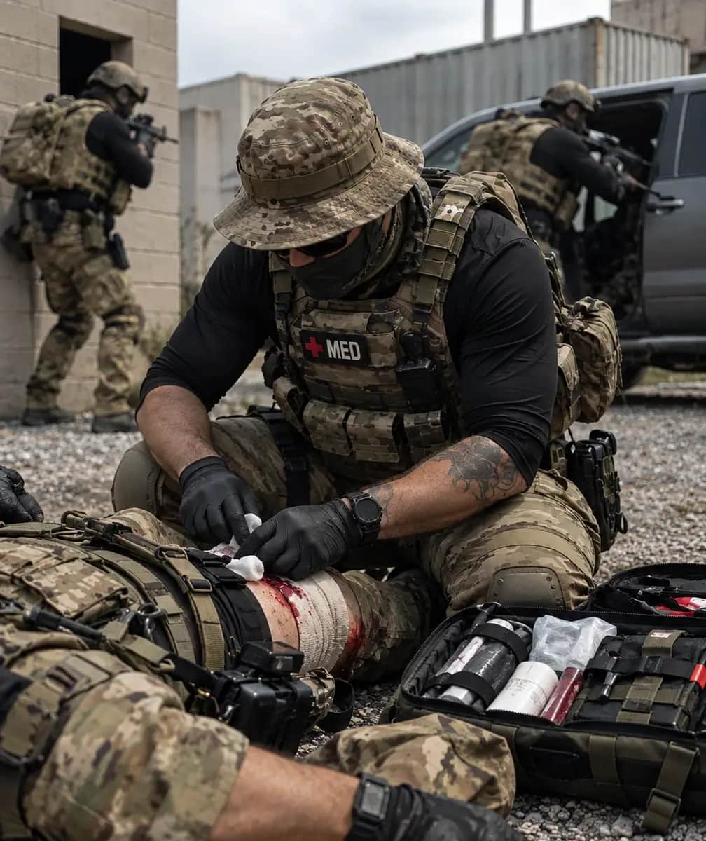 A medic working a casualty on the ground with an open trauma kit