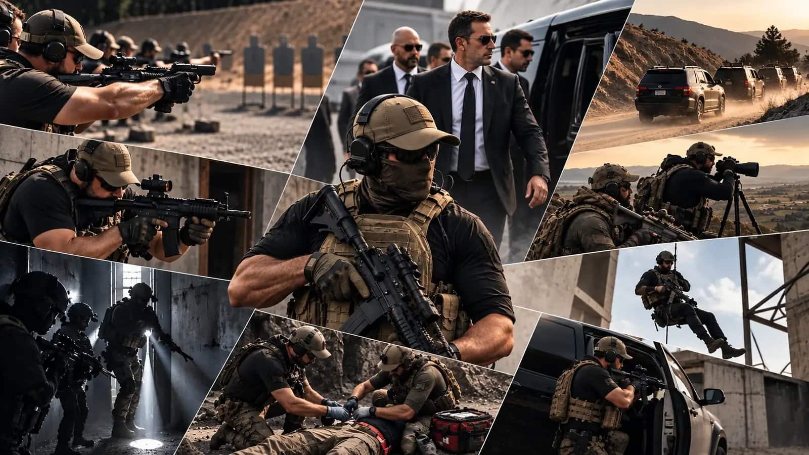 A composite of Unit 21 Group work: range training, close protection, convoy movement, observation and rope access