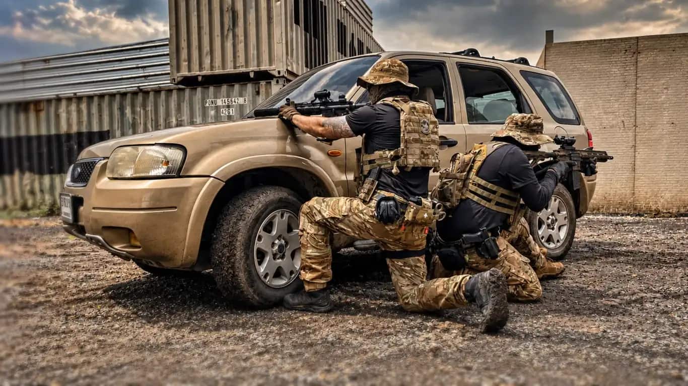 Two Unit 21 Group operators working a vehicle contact drill on a gravel compound