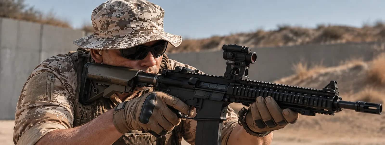 A shooter on the firing line, sighting down a carbine on an outdoor range