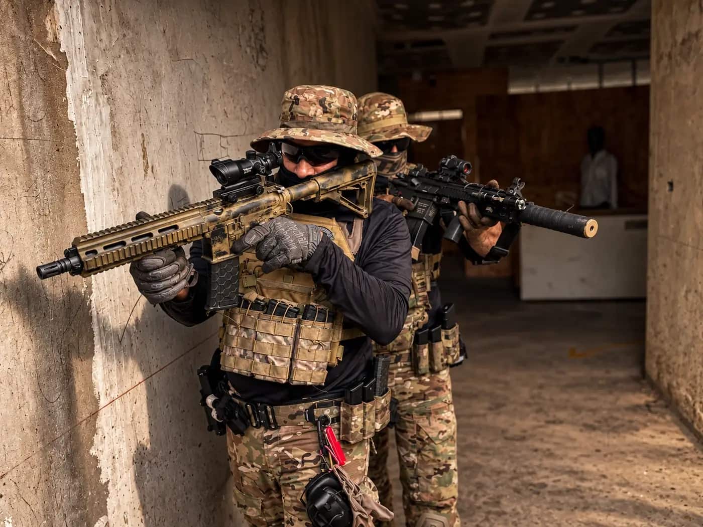 An operator working a rifle through a concrete shoothouse bay